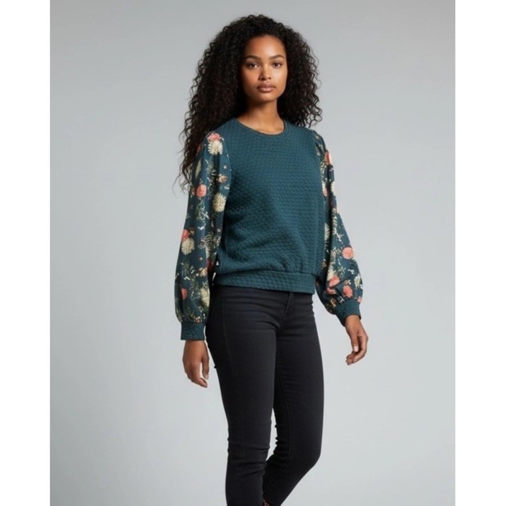 Anthropologie Porridge textured top floral-printed puff sleeves Boho Teal 1X - Picture 2 of 10